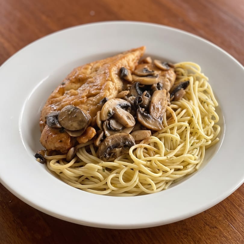 Chicken breast with sautéed mushrooms and spaghetti served on a white plate.
