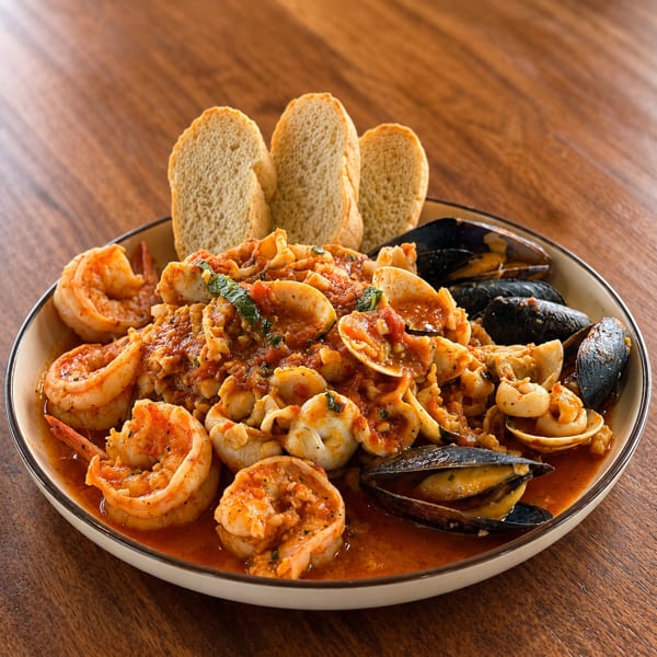 Seafood pasta with shrimp, mussels, clams, and calamari in red sauce, served with bread.
