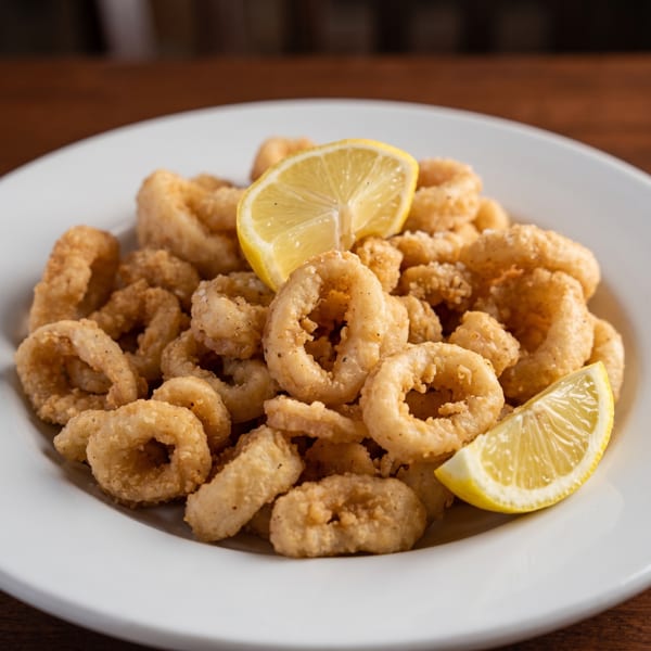 Crispy fried calamari rings with two lemon wedges on a white plate.