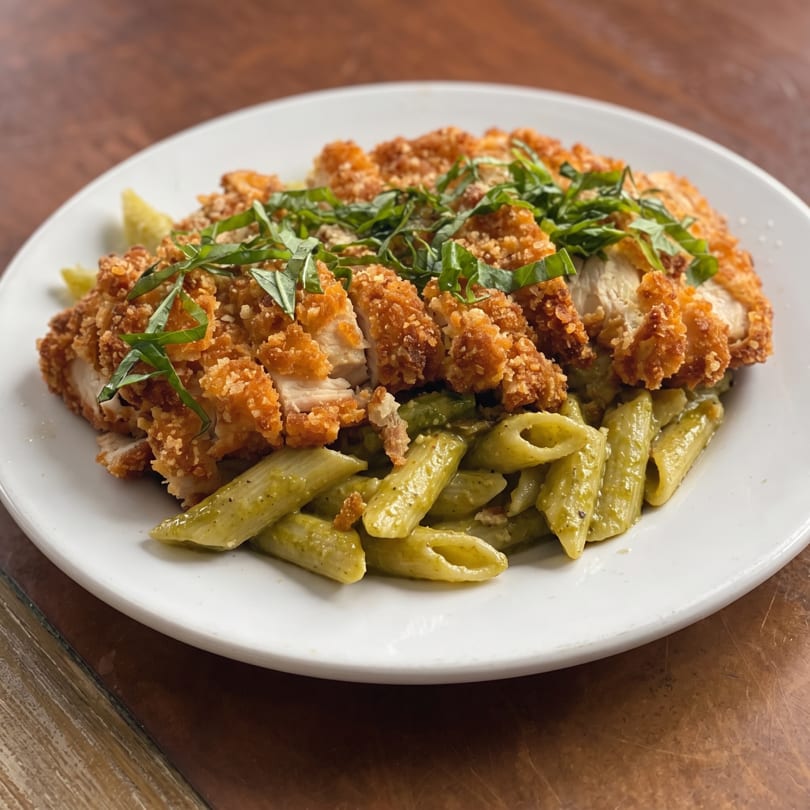 Crispy breaded chicken with fresh basil and green pesto penne pasta on a white plate.