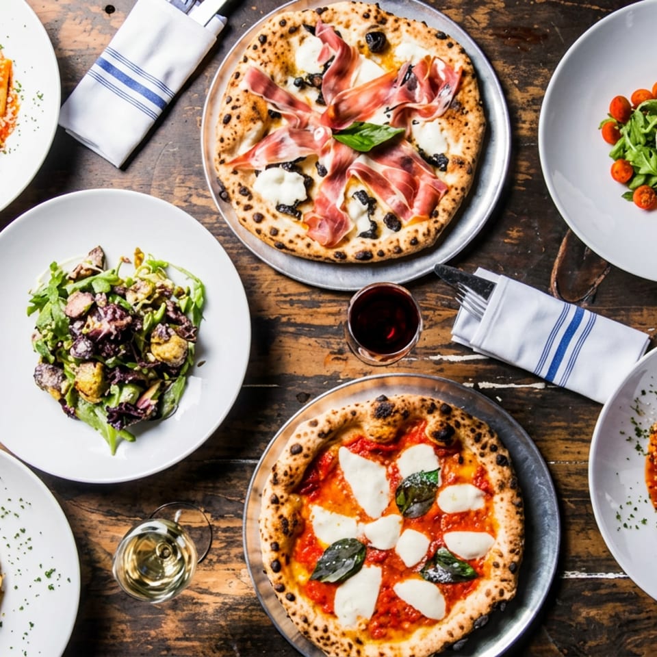 Overhead view of a rustic wooden table laden with various Italian dishes and drinks.